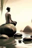 Placeholder: delicate background with spa stones and a bamboo stem, on a blurred background a silhouette of a girl sits on the stones, photorealistic photo