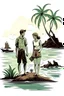 Placeholder: Shipwrecked young man and woman on a deserted island. In the style of an old book cover.