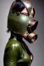 Placeholder: Steam-punk style random-mask. Large fencing mask covers chin and cheeks. Hot girls. Reflective surface on face, full coverage, reflective. Camera lenses ball eyes. Head full of integrated old-fashioned cameras and phone. Army green surfaces body, latex. Perfect body, thick thighs and calves. Asa Akira's body. Wide hip, skirt bleats nicely. Partly symmetrical. Straitjacket. Rusty and decayed background. Steam-plunge air-bottles. Euclidean 3D-tiling walls. surrealistic. Oppressive atmosphe