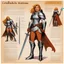 Placeholder: character concept sheet with ad&d statistics and characteristics, [illustration by Angus mcbride for Osprey Publishing’s] barbarella as Joan of Arc in linen battle dress with her zweihander sword in hand