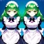 Placeholder: Clear focus, 8k, high quality, detailed, beautiful lighting, girl, vibrant colors, green hair, vibrant pink eye, vibrant green eye, twins, maid