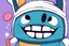 Placeholder: closeup on face of uglydoll cute character with big toothy grin, peculiar character style