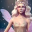 Placeholder: fantasy fairy with transparent wings, smiling, make up, tatoo, elven crown, long platinum blond hair, pink dress, octane render