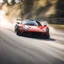 Placeholder: Facing front Sports car drifting around a corner, motion blur, narrow depth of field, lens flare, dynamic angle, asphalt spray, high octane energy