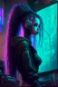 Placeholder: Cyberpunk girl name Orical, in a room with five live video feeds