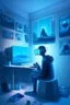Placeholder: Metaverse artist 3d character seating in front of computer and make something on their screen wear VR Box a blue fog volume light coming from side window realistic interior with lot of technology gadgets some painting and poster on wall.