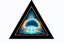 Placeholder: a nuclear explosion cloud, behind an orange glowing omega like shape, all inside an equilateral triangle like a doorway to a different world, radiant lines, digital painting