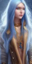 Placeholder: human kingfisher girl with long straight blue hair and orange strand of hair wearing a blue winter coat and a gold necklace