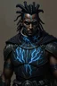 Placeholder: dnd, male earth genasi, dark coloured skin, electric circuit tattoo with straight lines, heavily armored, breastplate, fully covered