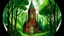 Placeholder: This is a digital illustration in a clean, modern art style, depicting a serene church scene set in a lush, green forest. The focal point is a red-brick church with a tall, pointed steeple topped with a cross, which stands prominently in the background. The church features a large, circular stained-glass window with intricate patterns near the front entrance, and its walls are adorned with small, arched windows. The steeple and the church's roof are silver, adding a contrast to the vibrant red b