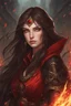 Placeholder: A confident looking young woman with pale skin and long brown hair in a fantasy setting with intricate details. She is wearing black and red, has red eyes, an air of malevolent power surrounds her. She is a fire mage. Anime style. High definition, Greg Rutkowski