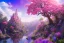 Placeholder: luminous pink castle, on the mountain, sun,swanns,waterfall, BLUE LAKE, SWANNs,fuksia bugainvillier flowers, jacaranda violet trees, sky pink blue, full of details, smooth, bright sunshine，soft light atmosphere, light effect，vaporwave colorful, concept art, smooth, extremely sharp detail, finely tuned detail, ultra high definition, 8 k, unreal engine 5, ultra sharp focus