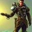 Placeholder: 90's male retro scifi art of a steampunk diver with big armor