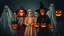 Placeholder: Abstract surreal multiple-exposure Halloween photograph, spooky young children in disguise, frightening clothing, scary masks, skeleton, ghost, bats, witch, fear, horror, carved-pumpkin-faces, spooky, night, award-winning photograph