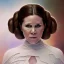 Placeholder: hyperspace background, complete and photo realistic detailed head to waist stunning photo realistic portrait of carrie fisher as Princess Leia in star wars with photo realistic minimal updo hair by Mandy Jurgens and mucha and Richard Schmid and chuck close and chie yoshii, extraordinary and detailed ceremony dress of star wars,brown eyes