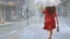 Placeholder: colorful flat illustration , A young Caucasian woman with long brown hair wearing a red dress and holding a white umbrella, walking alone on a rainy city street with blurred buildings and lampposts in the background, draw art style influenced by japanese artists, niji, black outlines