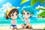 Placeholder: 3d digital art of chibi young girl and boy enjoying sunshine on the beach, blue sky, happyness, nice azure sea, green plants, vibrant warm colors., detailed, cinematic, 3d anime