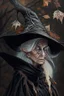 Placeholder: Old White-haired Witchery Witch in her pointed hat ready for the Coven in rusty autumn leaves and silver cobwebs. with burnished browns and abyss black.