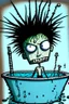 Placeholder: 2d drawing of a stickman, cool with punk hair, x eyes like in hangman, in jacuzzi ,3d realistic in colour