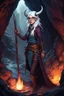 Placeholder: A Dnd Tiefling with a long tail and small horns in a dark cave. A female archeologist with white hair, wearing glasses, in adventurer's clothes. Cunning, beautiful, cool.