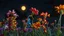 Placeholder: unique colorful twisting flowers growing in yard, night, full moon, 8k, high quality, trending art, trending on artstation, sharp focus, studio photo, intricate details, highly detailed, by greg rutkowski