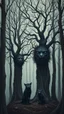Placeholder: trees and black creatures with human faces