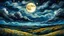 Placeholder: landscape, dark night, fullmoon and stars, over many clouds, clouds, beautiful artwork, vibrant colors, 4k, high quality, high detailed, whiteness background. van gogh influence