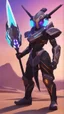 Placeholder: A close picture to Ramattra nemesis form in overwatch art style with black color and neon purple details in Desert