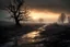 Placeholder: a dirty iced road next to a tree on a foggy day, depressive moody sunset background, dry tree branches scattered in mud, dark swamp, snowy land, doom and gloom, grey clouds, snow dawn, snowy landscape, dramatic matte painting, melancholic mood