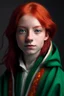 Placeholder: A girl with red hair and green eyes and she is wearing a Hogwarts robe