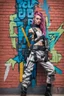 Placeholder: teen woman in retro-futurist cyberpunk costuming with pants leaning to the side with shoulder against a brick pillar, background is brick with graffiti of a right pointing arrow and the word "PUB" on the left, figure has 2 swords sheathed at hip and pouch on the opposite hip