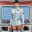Placeholder: [high res photo with pastel colours by Piet Mondrian] Star Trek TOS négligée woman officer with pixie haircut in iconic Mondrian geometry leotard, she stands, facing the camera close to a command console, her com badge on the pastel dress, she wears calzedonia tights