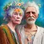 Placeholder: An old Hippie couple in colorful clothes, flowers in their white hair. Faces are full of wrinkles, slight smiles, highly intricate, delicate detailed complex, vibrant colors by Laura Burch, Tom Bagshaw, water color by jean - baptiste monge, art by ivan gantschev and greg rutkowski. by sabbas apterus Nikon D850 trending on Artstation highly detailed digital painting ultra reallistic fantasy beautiful dynamic lighting hyperrealistic cinematic postprocessing concept art , beautiful eyes ,