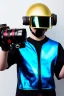 Placeholder: Metallic Cyber-punk style camera-mask. Helmet with camera. Large fencing mask covers cheeks. Trim girls. Reflective plastic body surface. Camera lenses as eyes. Head full of integrated old-fashioned cameras. Golden to cyan surfaces body. Perfect body, thick thighs and calves. Selfie, Selfies, old-fashioned cameras, both hands, mirror. Wide hip. Partly symmetrical. Camera lenses cover the most of the body. Euclidean 3D-tiling, Escher. Mathematically impossible tiling. Soviet Propaganda style.