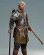 Placeholder: strong medieval warrior with short blond hair, blue eyes and wide warm smile with an axe wearing green and brown clothes