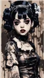 Placeholder: Poster in two gradually, a one side malevolent goth vampire girl face and other side the Singer Melanie Martinez face, full body, painting by Yoji Shinkawa, darkblue and sepia tones,