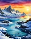 Placeholder: Beautiful sunrise landscape in the Antartic, wash watercolor, pen and ink, warms colors, peaceful solitude, natural beauty, icebergs, mountains, fantasy, whimsical, magical, digital painting, absolutely gorgeous, digital masterpiece, meticulously detailed, by Clyde Caldwell and Greg Kutkowski