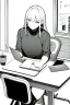 Placeholder: thin hacker girl use a laptop on a table sitting in a cafe, line arts, greyscale