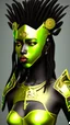 Placeholder: A woman has dark skin, yellow eyes and black dreads. Her face show her superiority in the eyes of others. She is dressed in a steel armor with a few pieces of yellow and green fabric sticking out.