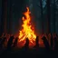 Placeholder: a large bonfire with its flames rising high in a clearing, around the bonfire siluette of many anthropomorphic wolf-humans of different ages, sizes and colors are crying, dancing, singing or just watching the flames. around them in the background dark trees with huge trunks, rainy day, high contrast, high detail, atmospheric, dark fantasy, sci-fi atmosphere, cinematic