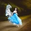 Placeholder: a beautiful sourceress,doll like, portrait, dressed in a transparent intricate blue dress, looking in camera, riding a white tiger, high definition