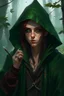 Placeholder: Portrait of gender neutral rogue elf, hooded maroon hair, bright green eyes, brown skin, messy, disheveled, assassin, smoking cigarette, bow and arrow, black leather clothes, hiding, trees