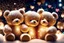 Placeholder: cute teddy bears holding hearts covered in sparkling gold glitter, beautiful winter composition, snowflakes, pine branches, Christmas ornaments and glowing Christmas lights