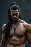 Placeholder: Shirtless Handsome alpha warrior with long dark hair pulled back in a pony tail. photorealistic. 4k. Dark Fantasy