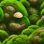 Placeholder: microphotography mushroom growing in a mossy dense lush green woods, high definition, detail, HD, 8k, realistic, 3d rendering, blender, photography, fisheye, bulge, tilt shift blur