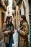 Placeholder: Two beautiful Italian women talking to each other in the historic village alley