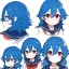 Placeholder: Clear focus, High resolution, rough line sketch art, cute, cartoon, medium blue hair, hair between eyes, fluffy hair, red eyes, wearing a sailor uniform, baby, concept art