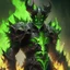 Placeholder: Demonio en armadura verde y negro, cubierto de fuego verde