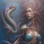 Placeholder: sango fantasy, fantasy magic, intricate, sharp focus, illustration, highly detailed, digital painting, concept art, matte, artgerm and paul lewin and kehinde wiley, masterpiece sexy lips Hawaiian afro lips black African lady body mermaid Dragonfish head blue space lady sea under water mermaid seaweed pyramid