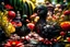 Placeholder: red and black chicken and small chibi duck in a flowergarden with beautiful flowers, pond, in sunshine, H.R. Giger, anime, steampunk, sürreal, watercolor and black in outlines, golden glitter, ethereal, cinematic postprocessing, bokeh, dof